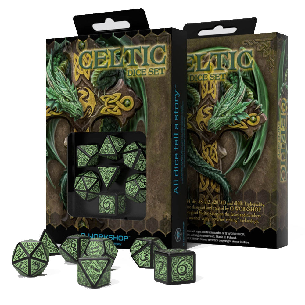 Q Workshop Celtic 3D Revised Dice Set 7pcs (Black/Green)