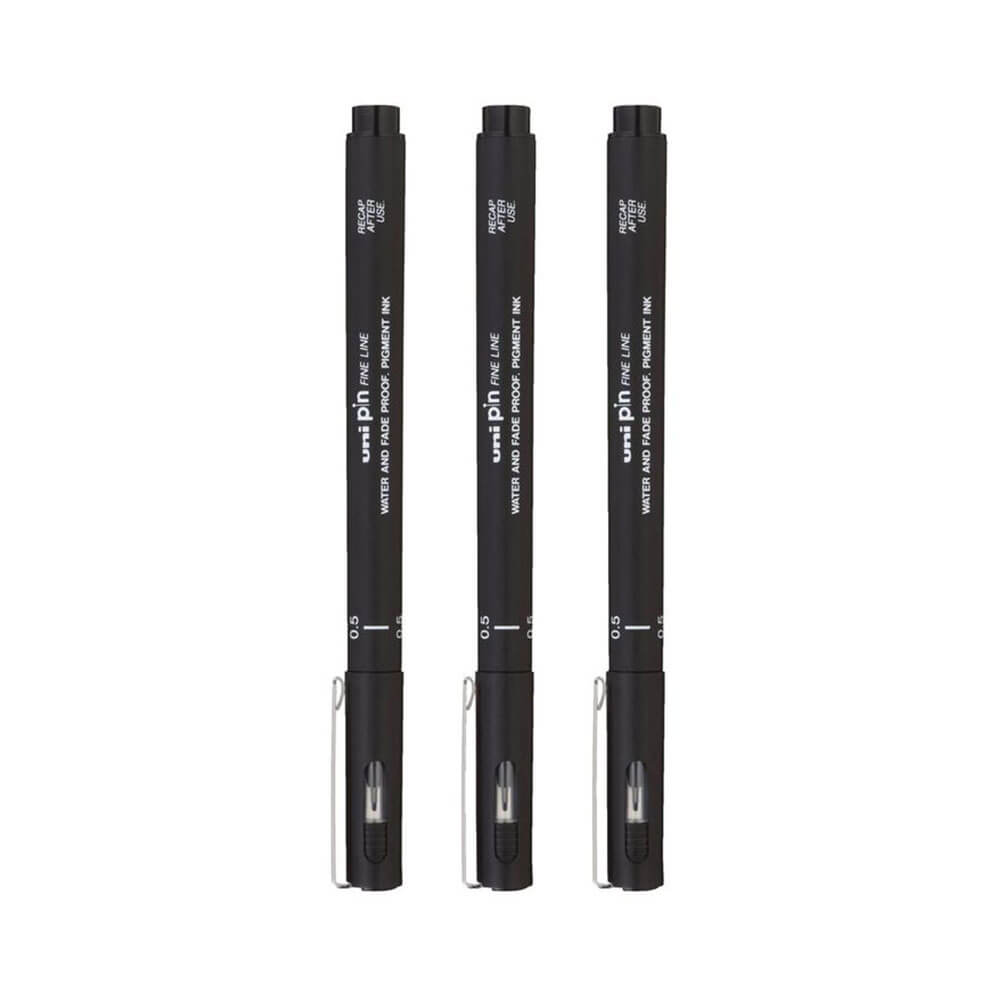 Uni-Ball Pin Fineliner Pen Black (billetera de 3)
