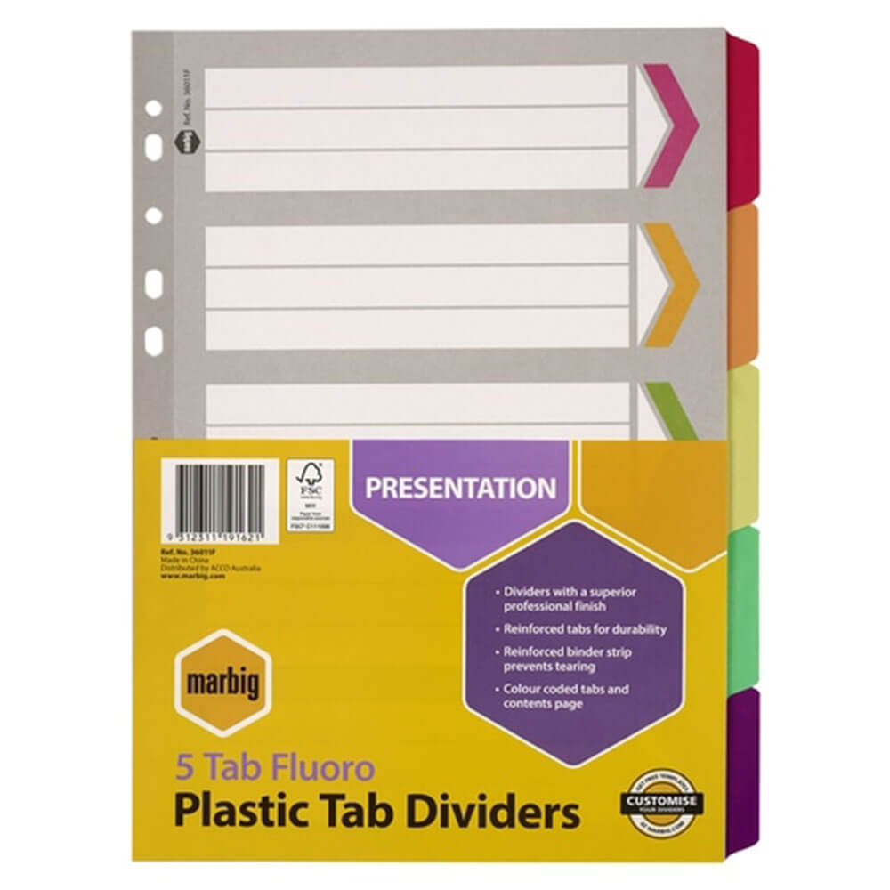 Marbig Manilla Plastic Tab Dividers A4(Fluoro)